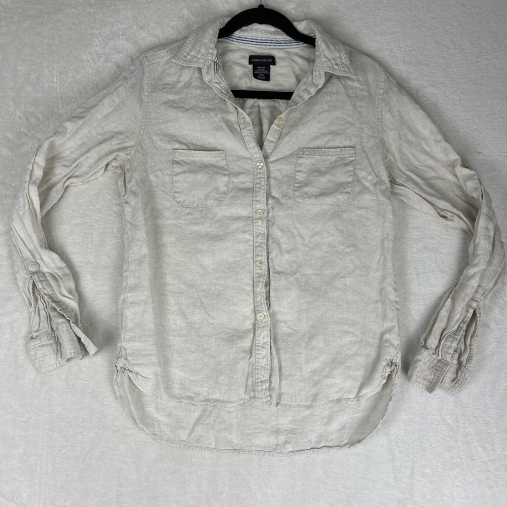 Lord & Taylor Womens Medium 100% Linen Beige Button Up Collar Long Sleeve